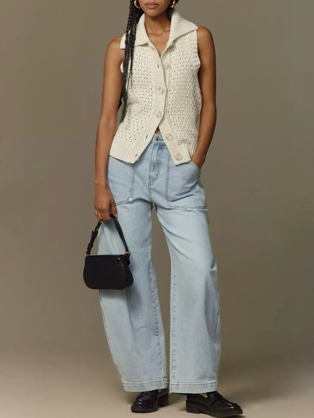Avec Les Filles High Rise Barrel Jeans 27 Light Wash Utility Pocket Wide Leg